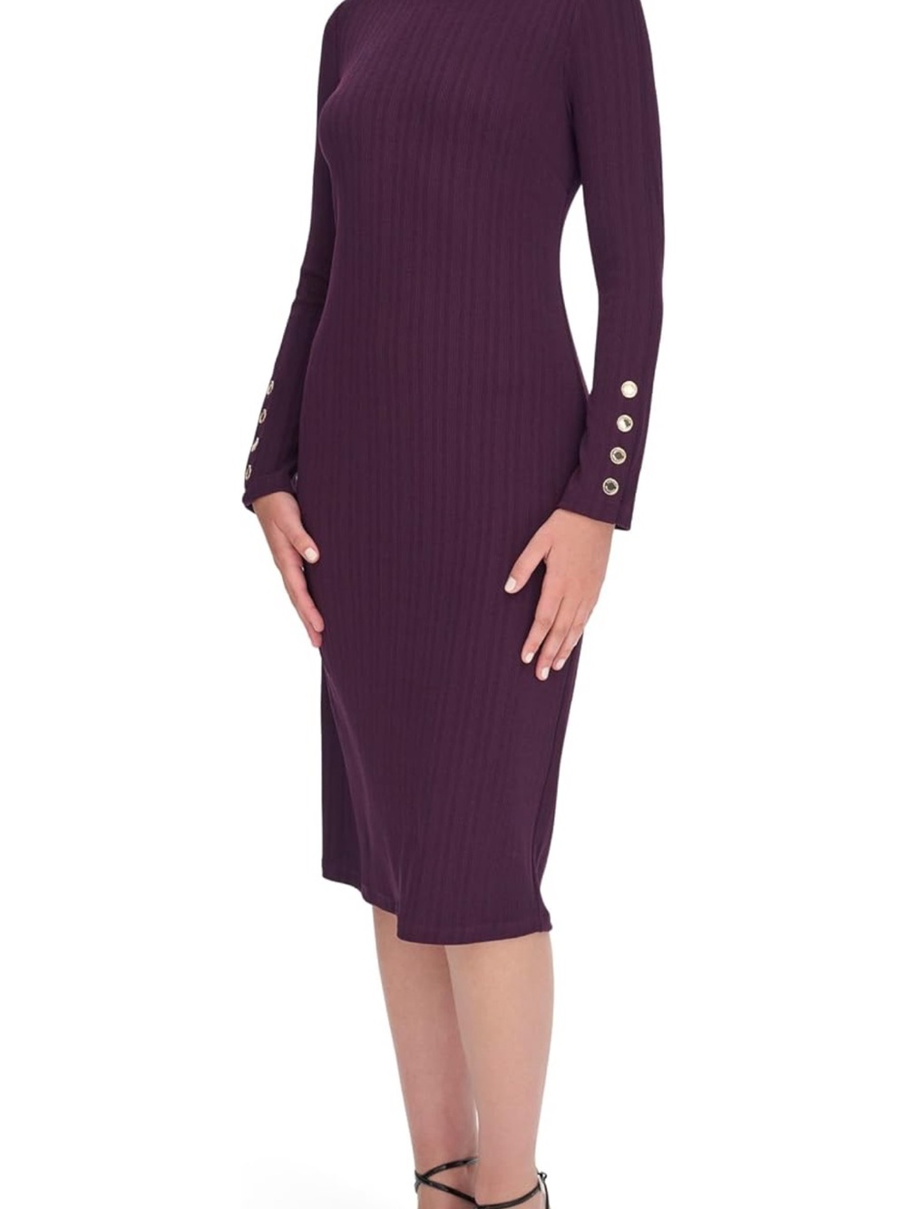 Tommy Hilfiger Plum Ribbed Long-Sleeve Midi Dress